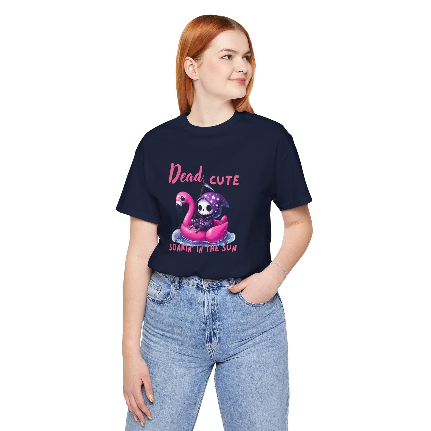 Dead Cute soakin in the sun Flamingo T-Shirt Summerween Funny Grim Reaper Shirt Halloween Vacation Vibes, Unique Gift, Beach Party Apparel