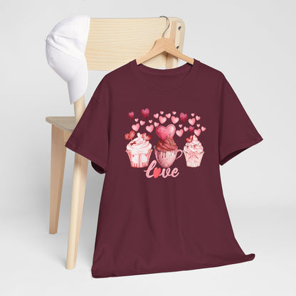 Pink Cupcakes and Hearts T-Shirt! Love Cupcake Unisex Heavy Cotton Tee, Cute Dessert Shirt, Valentines Day Gift, Sweet Treats Apparel, Birthday Party Top, Comfortable