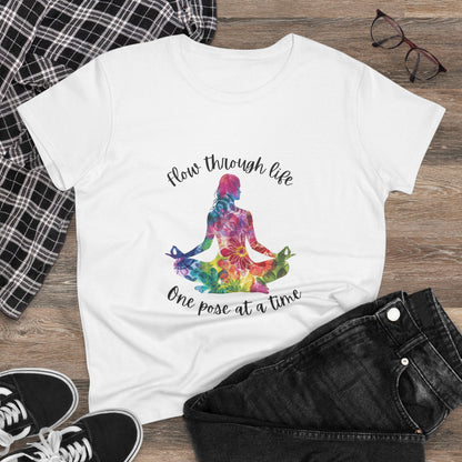 Yoga Tee - "Flow Through Life, One Pose at a Time" Woman's Semi fit tee