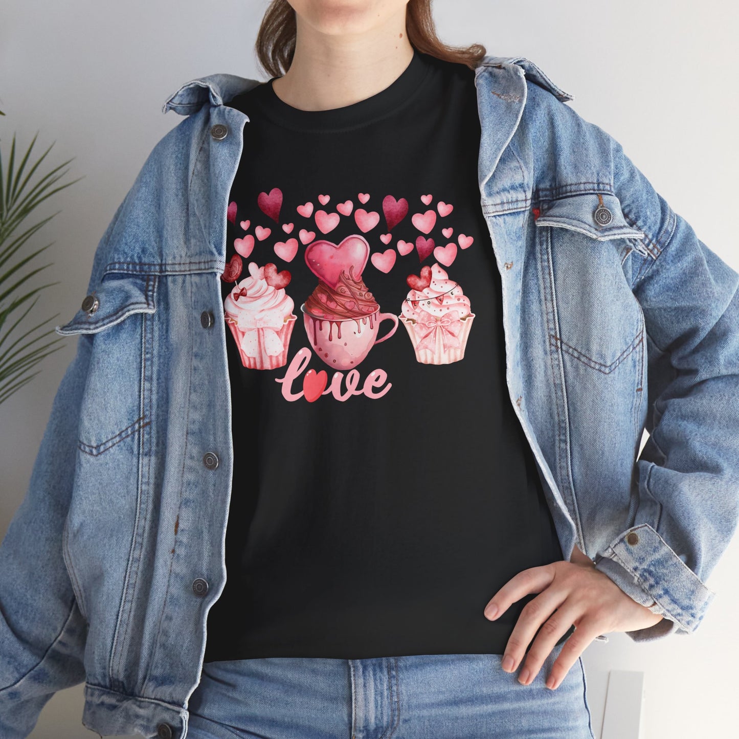 Pink Cupcakes and Hearts T-Shirt! Love Cupcake Unisex Heavy Cotton Tee, Cute Dessert Shirt, Valentines Day Gift, Sweet Treats Apparel, Birthday Party Top, Comfortable