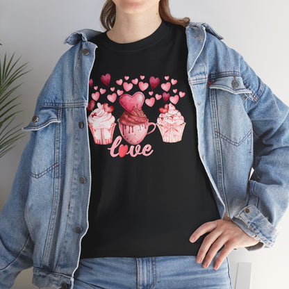 Pink Cupcakes and Hearts T-Shirt! Love Cupcake Unisex Heavy Cotton Tee, Cute Dessert Shirt, Valentines Day Gift, Sweet Treats Apparel, Birthday Party Top, Comfortable