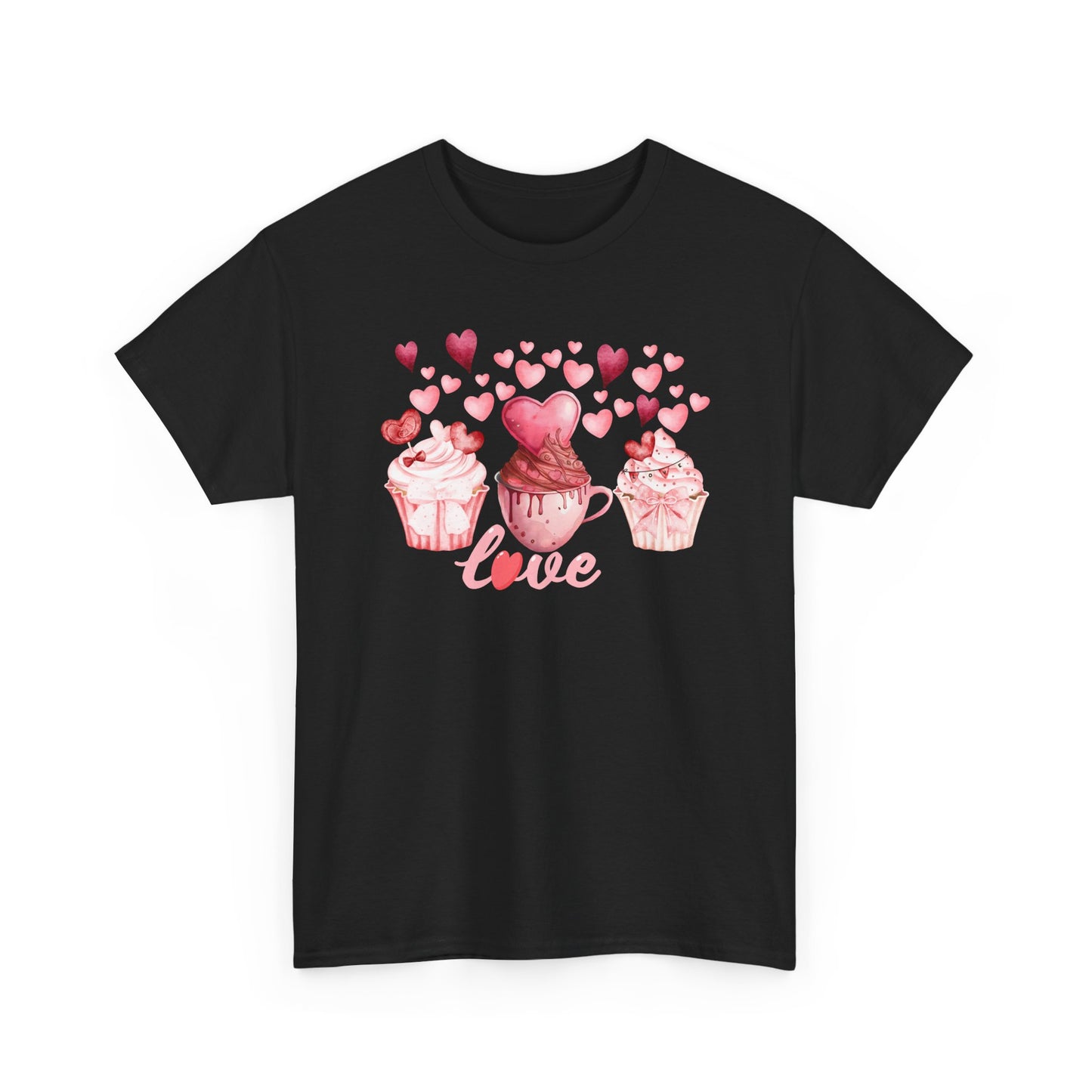 Pink Cupcakes and Hearts T-Shirt! Love Cupcake Unisex Heavy Cotton Tee, Cute Dessert Shirt, Valentines Day Gift, Sweet Treats Apparel, Birthday Party Top, Comfortable