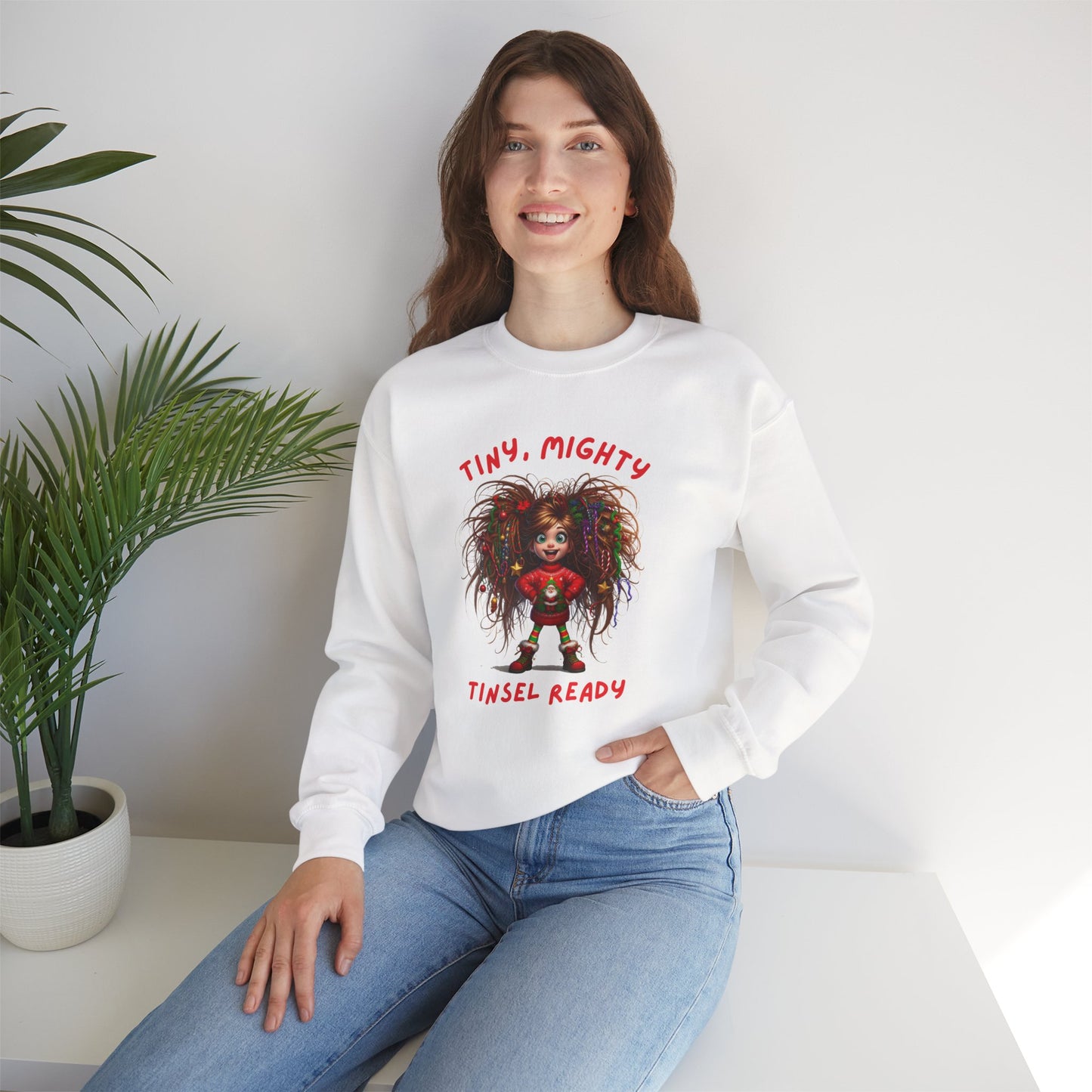 Tiny Mighty Tinsel Ready Sweatshirt, Holiday Sweater, Cute Graphic Crewneck, Unisex Winter Apparel, Gift for Her