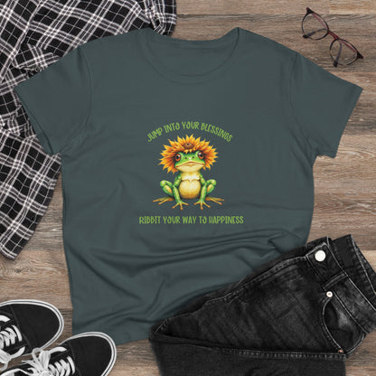 Jump Into Your Blessings Ribbit your way to happiness cute frog Womans semi fit tee