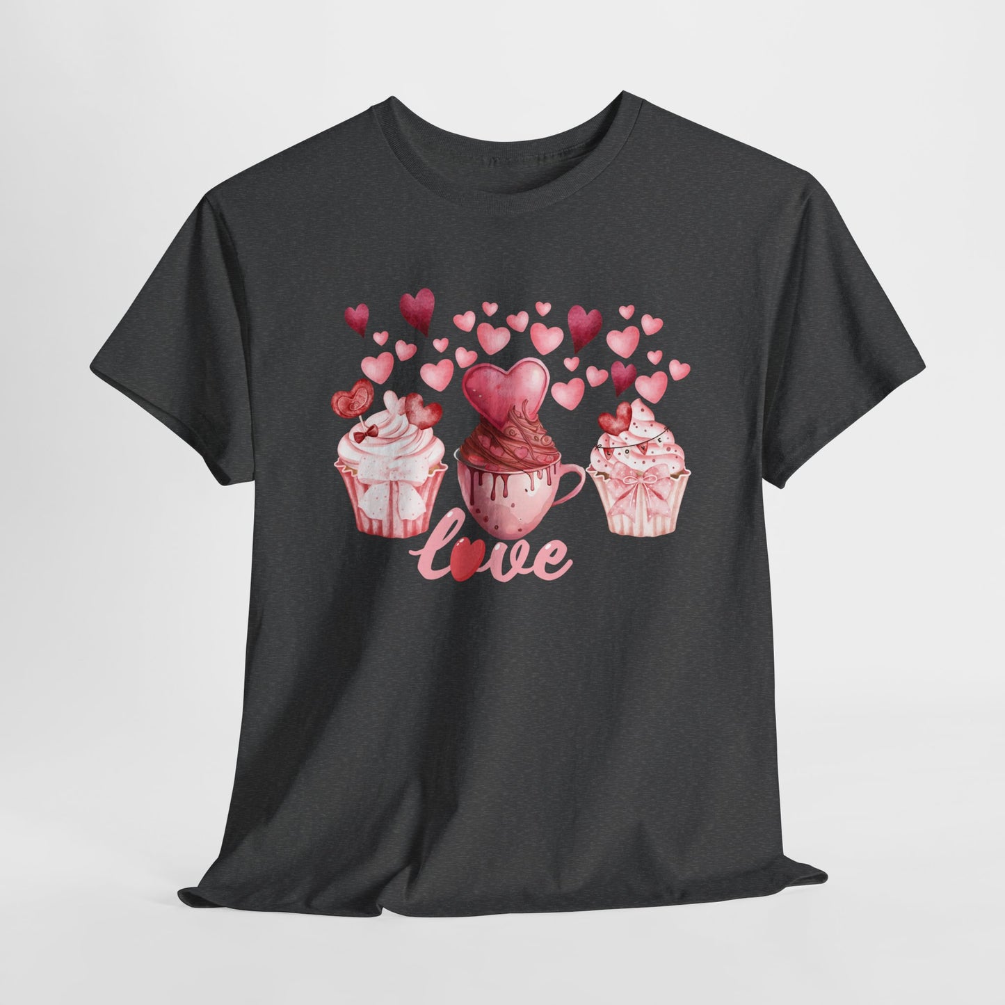 Pink Cupcakes and Hearts T-Shirt! Love Cupcake Unisex Heavy Cotton Tee, Cute Dessert Shirt, Valentines Day Gift, Sweet Treats Apparel, Birthday Party Top, Comfortable