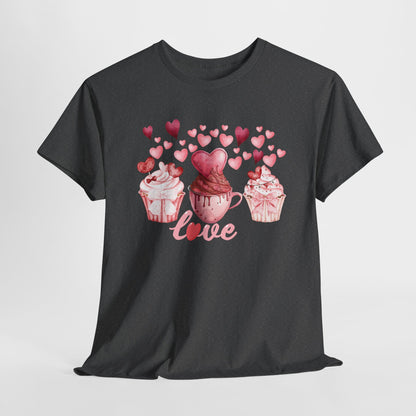 Pink Cupcakes and Hearts T-Shirt! Love Cupcake Unisex Heavy Cotton Tee, Cute Dessert Shirt, Valentines Day Gift, Sweet Treats Apparel, Birthday Party Top, Comfortable