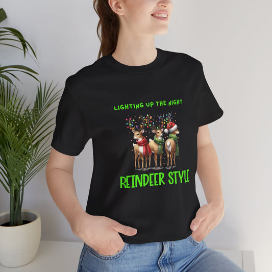 Light up the night Reindeer Style Holiday Tee | Festive Christmas Shirt, Winter Apparel, Gift for Him/Her, Holiday Party Outfit, Cute Christmas Tee