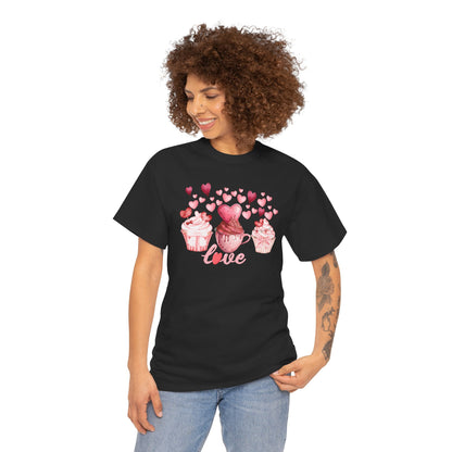 Pink Cupcakes and Hearts T-Shirt! Love Cupcake Unisex Heavy Cotton Tee, Cute Dessert Shirt, Valentines Day Gift, Sweet Treats Apparel, Birthday Party Top, Comfortable