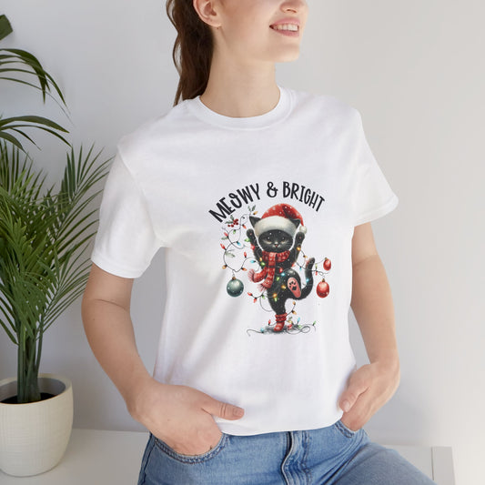 Festive Meowy and bright Cat Holiday T-Shirt, Meowy & Bright Tee, Christmas Gift, Pet Lover Apparel, Cute Holiday Outfit, Seasonal Fun Wear