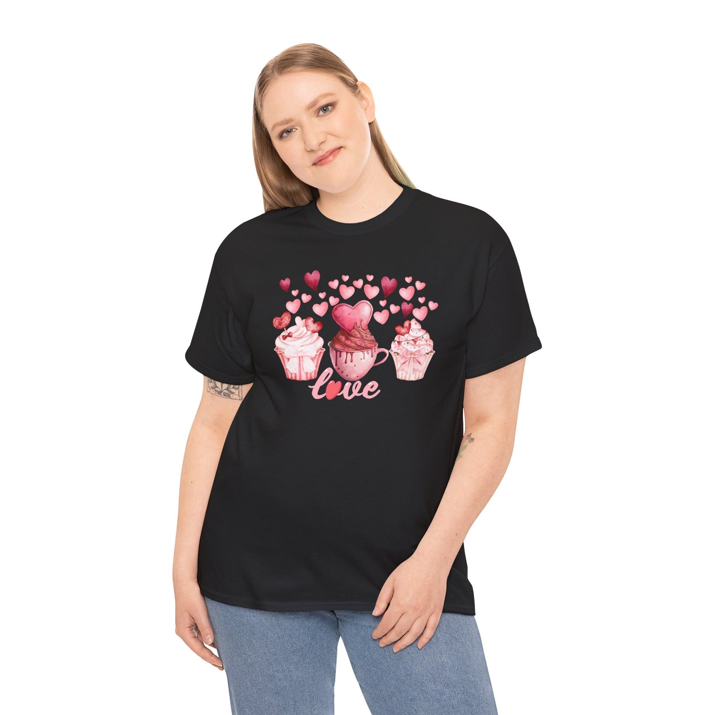 Pink Cupcakes and Hearts T-Shirt! Love Cupcake Unisex Heavy Cotton Tee, Cute Dessert Shirt, Valentines Day Gift, Sweet Treats Apparel, Birthday Party Top, Comfortable