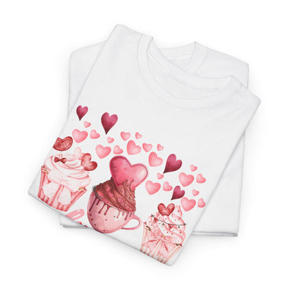 Pink Cupcakes and Hearts T-Shirt! Love Cupcake Unisex Heavy Cotton Tee, Cute Dessert Shirt, Valentines Day Gift, Sweet Treats Apparel, Birthday Party Top, Comfortable