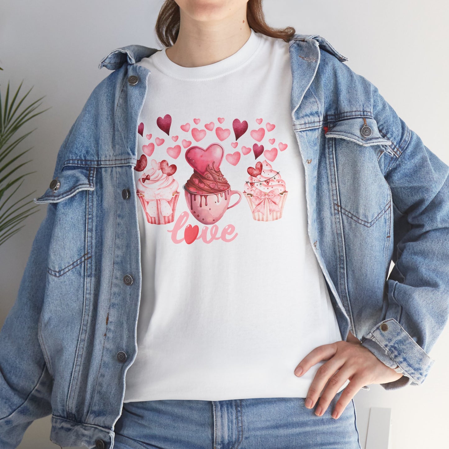 Pink Cupcakes and Hearts T-Shirt! Love Cupcake Unisex Heavy Cotton Tee, Cute Dessert Shirt, Valentines Day Gift, Sweet Treats Apparel, Birthday Party Top, Comfortable