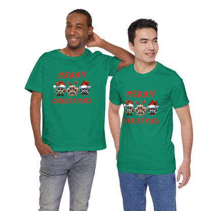 Merry Christmas paw prints Unisex Jersey Tee, Holiday T-shirt, Christmas Gift, Festive Short Sleeve, Winter Wear, Holiday Outfit, Gift for Him/Her
