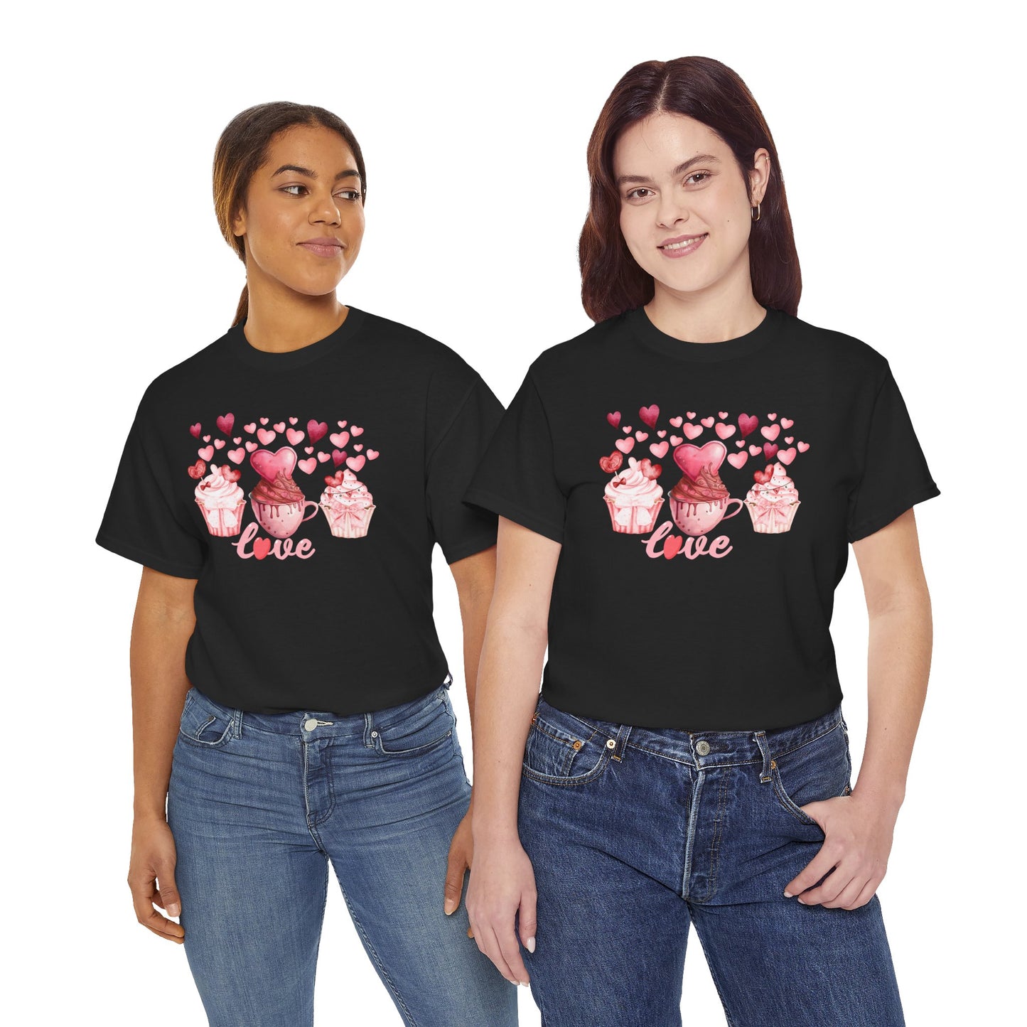 Pink Cupcakes and Hearts T-Shirt! Love Cupcake Unisex Heavy Cotton Tee, Cute Dessert Shirt, Valentines Day Gift, Sweet Treats Apparel, Birthday Party Top, Comfortable