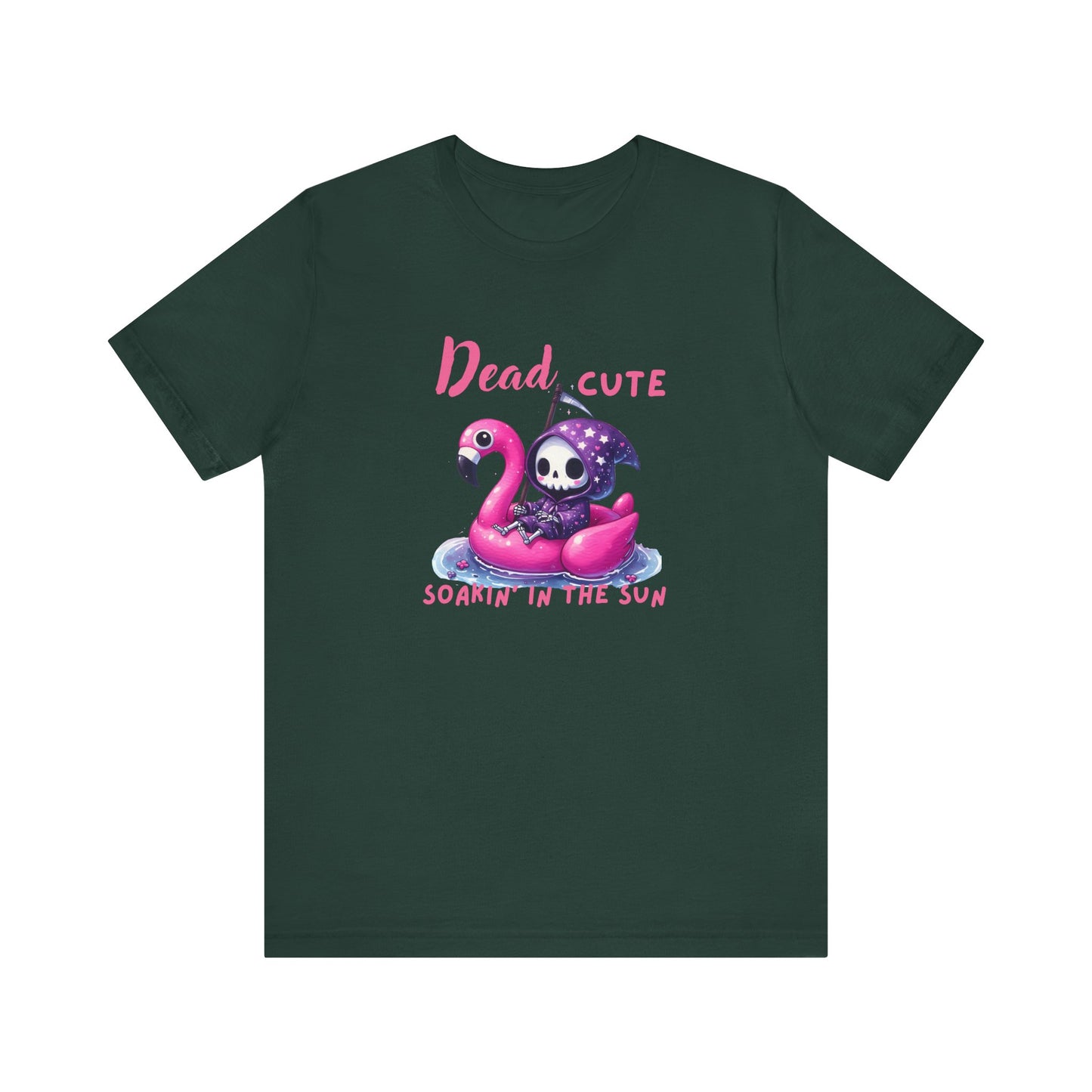 Dead Cute soakin in the sun Flamingo T-Shirt Summerween Funny Grim Reaper Shirt Halloween Vacation Vibes, Unique Gift, Beach Party Apparel