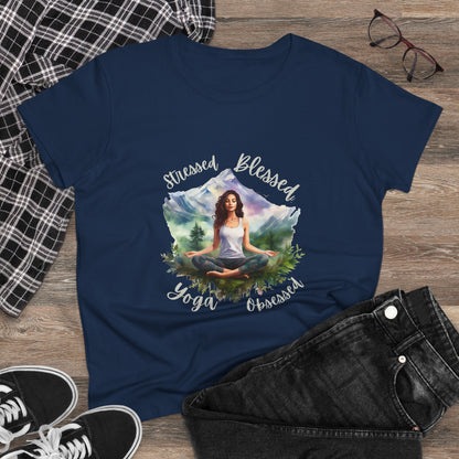 Stressed Blessed yoga Obsessed Woman's Semi fitted Shirt