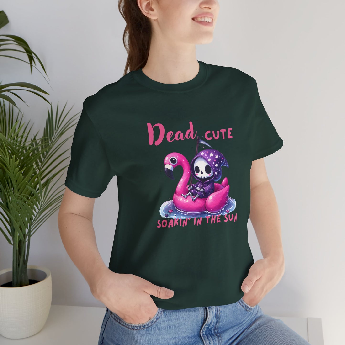 Dead Cute soakin in the sun Flamingo T-Shirt Summerween Funny Grim Reaper Shirt Halloween Vacation Vibes, Unique Gift, Beach Party Apparel