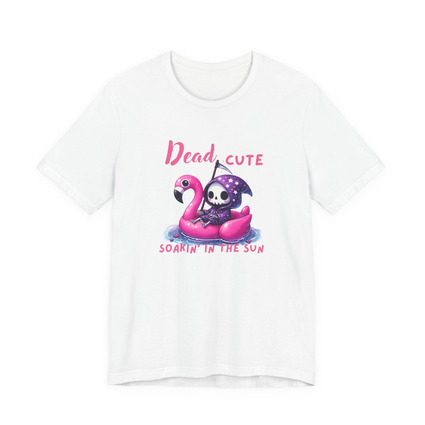 Dead Cute soakin in the sun Flamingo T-Shirt Summerween Funny Grim Reaper Shirt Halloween Vacation Vibes, Unique Gift, Beach Party Apparel