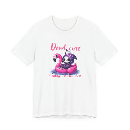 Dead Cute soakin in the sun Flamingo T-Shirt Summerween Funny Grim Reaper Shirt Halloween Vacation Vibes, Unique Gift, Beach Party Apparel