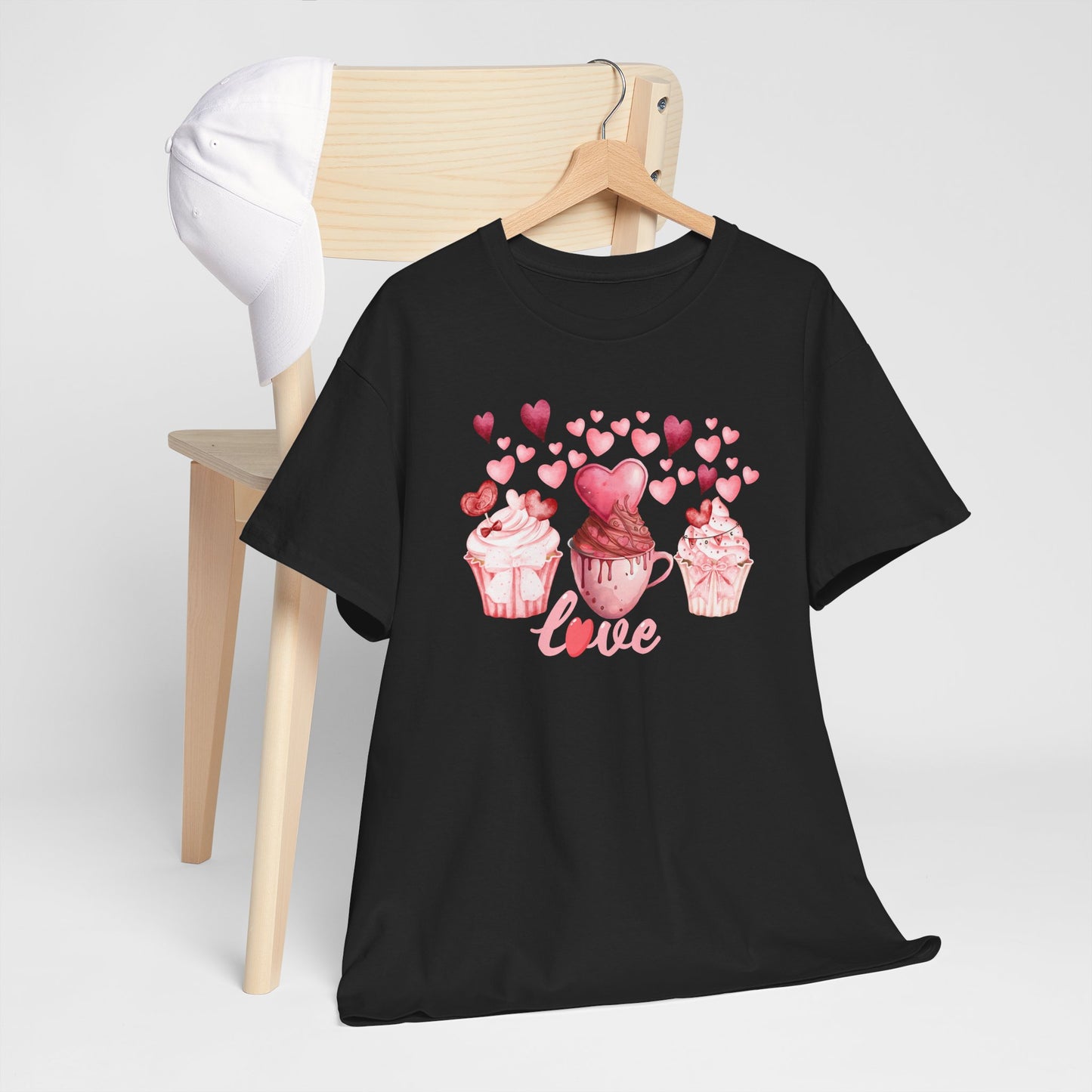 Pink Cupcakes and Hearts T-Shirt! Love Cupcake Unisex Heavy Cotton Tee, Cute Dessert Shirt, Valentines Day Gift, Sweet Treats Apparel, Birthday Party Top, Comfortable