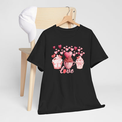 Pink Cupcakes and Hearts T-Shirt! Love Cupcake Unisex Heavy Cotton Tee, Cute Dessert Shirt, Valentines Day Gift, Sweet Treats Apparel, Birthday Party Top, Comfortable
