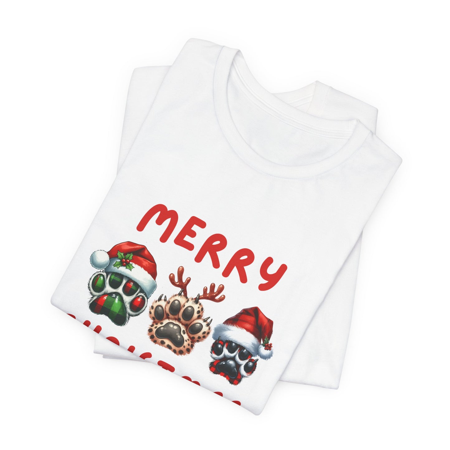Merry Christmas paw prints Unisex Jersey Tee, Holiday T-shirt, Christmas Gift, Festive Short Sleeve, Winter Wear, Holiday Outfit, Gift for Him/Her