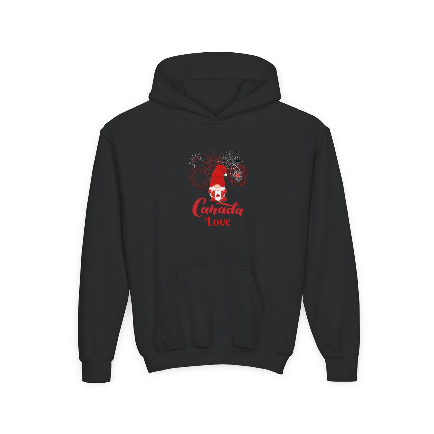 Canada Day Kids Hoodie Cute Gnome with Heart Flag Fireworks
