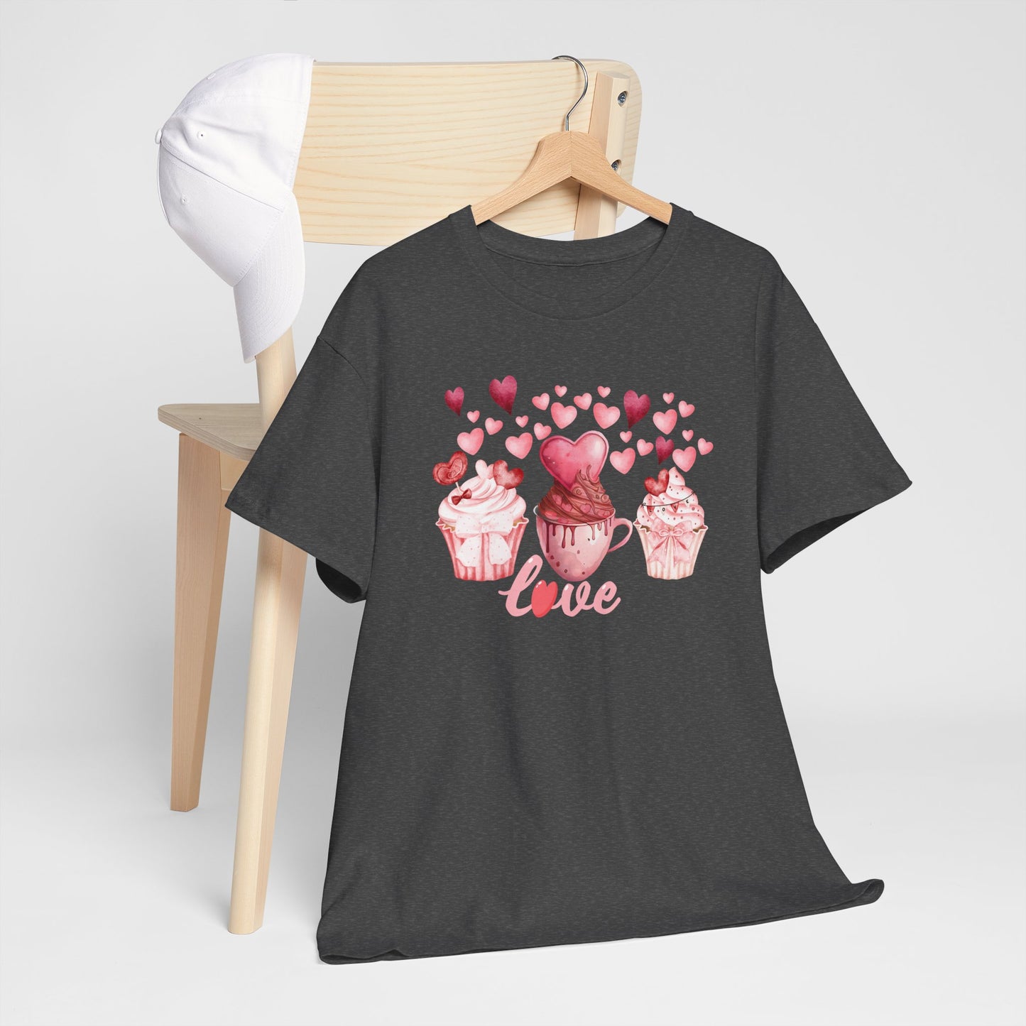 Pink Cupcakes and Hearts T-Shirt! Love Cupcake Unisex Heavy Cotton Tee, Cute Dessert Shirt, Valentines Day Gift, Sweet Treats Apparel, Birthday Party Top, Comfortable