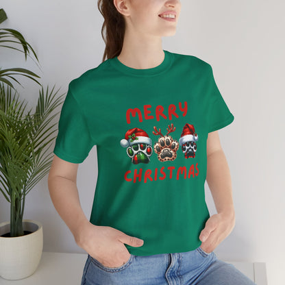 Merry Christmas paw prints Unisex Jersey Tee, Holiday T-shirt, Christmas Gift, Festive Short Sleeve, Winter Wear, Holiday Outfit, Gift for Him/Her
